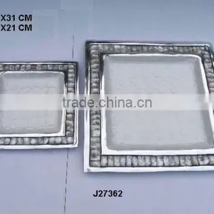 Cast Aluminum Square Tray With Food Safe Enamel and Mother of Pearl Mosaic Border thumbnail-1