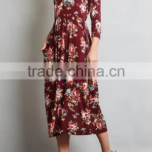 Private Label Long Sleeve Floral Pocket Midi Length Fashion US Size Women Dresses 2017 Summer thumbnail-5