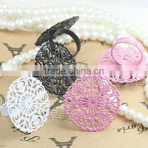Adjustable Colorful Filigree Flower Pattern Round Pad Base Rings, Unique Rings, Korea Rings for Women thumbnail-1