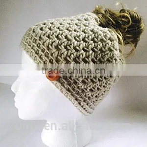 Wood Button Pony Tail Holder Crochet Hat thumbnail-1
