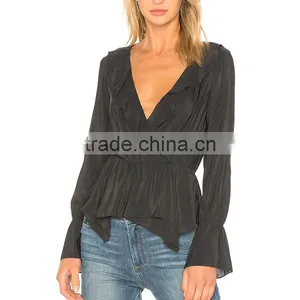 Frilled Wrap Design Chic Long Sleeve Black Peplum Blouse for Women thumbnail-5