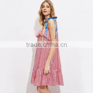 Cute Ruffled Hem Self Tie Dress, Ladies Red Cotton Sleeveless Dress thumbnail-4