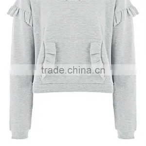 2017 Oem Spring Long Sleeves Solid Color Pretty Ruffle Grey Marl Hoodie thumbnail-5