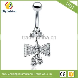 Stainless Steel Big CZ Bowknot Long Navel Ring thumbnail-2