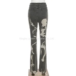 Womens Graphic Print Ripped Distressed Jeans Grey High Waist Y2K Straight Leg Denim Pants thumbnail-2