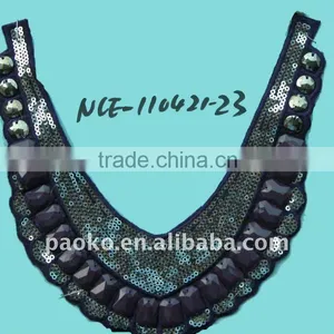 Handmade Neckline Sequine and Rhinestone Sew on Patch Beaded Applique thumbnail-1