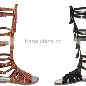 New Style Women Genuine Leather Gladiator Sandal Lace up Flat Knee High Sandal Boots thumbnail-1