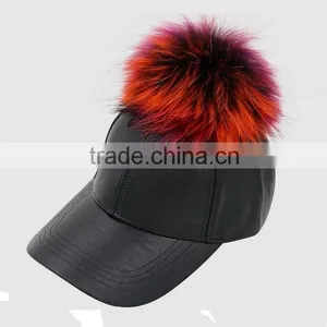 Colorful Raccoon Fur Balls Baseball Caps New Faux Leather Casquette PU Hat for Sport thumbnail-1