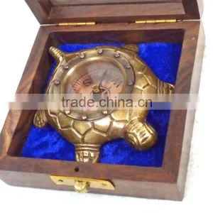 Vintage Brass Reproduction Tortoise Shaped Compass With Wooden Box 13523 thumbnail-2
