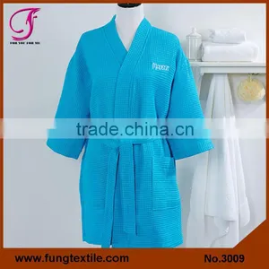 3009 Short Knee Length Cotton Bath Robes,Woman SPA Solid Waffle Cotton Robes thumbnail-1