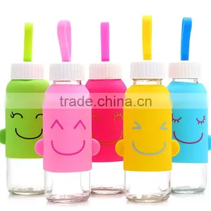 X008 Portable 300ML Glass Bottle Student Bottle With Silicone Sleeve Smile Water Sport Bottle thumbnail-1