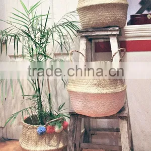 Decorative Seagrass Storage Baskets, Belly Seagrass Basket With Pompoms thumbnail-3
