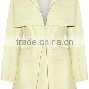 Fashion Design Women Light Green Leather Trench Coat OEM Service thumbnail-3