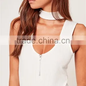 MGOO 2017 High Fashion White Ribbed Bodysuits For Women Sexy Chocker Neck Zip 95% Cotton 5% Spandex Tops thumbnail-5