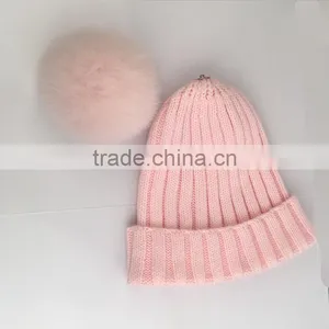 Myfur Baby Pink Bright Wool Knit Hat Wholesale With Real Fox Fur Pom Pom thumbnail-3