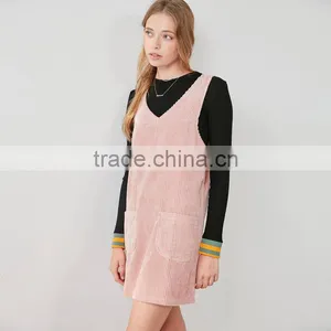 V Neck Pink Dyed Corduroy Front Pockets Sleeveless Vest Dress for Girl thumbnail-2