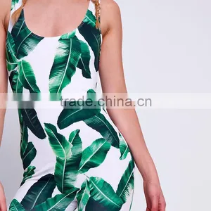 Scoop Neck Sleeveless Palm Leaf Print One Piece Women Tight Latex Catsuit thumbnail-4