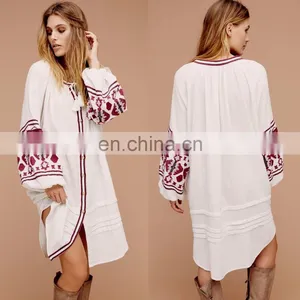 Balloon Sleeve Dress for Ladies Embroidered Button Down Shirt Dress for Casual thumbnail-2