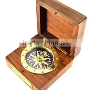 Antique Vintage Solid Brass Gift Compass With Wooden Box 13522 thumbnail-6