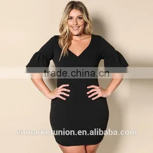 2017 Hot Sale Deep V-neck Elbow Sleeve Black Dress for Fat Women thumbnail-3