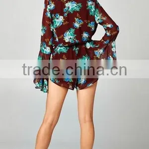 Cheap 2015 Sexy Ladies Long Bell Sleeve Deep V Neck Print Floral Plus Size Loose Short Chiffon Playsuit Romper Jumpsuit thumbnail-5