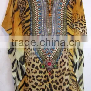 Leopard Print Crystal Embellished Tie up Kaftan CAFTAN Tunic Poncho Blouse thumbnail-6