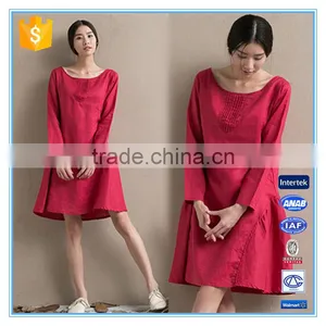 Fashion Red Linen Ladies Winter One Piece Dress of Large Size thumbnail-1
