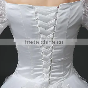 MGOO Lace Trim Hem Beaded Empire Vintage Floor Length Off Shoulder Wedding Dress Bride Grown Long Sleeve thumbnail-6