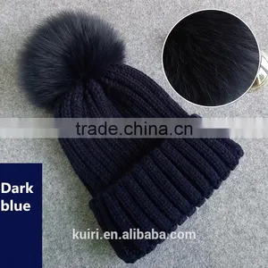 Adult Lady Fox Fur Pom Pom Crochet Warm Black Winter Knitted Hats Cap For Women Perfect Valentine's Day Gift thumbnail-2