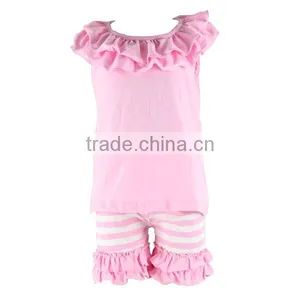 2017 Kaiyo Children Clothing Summer Girls' Solid Pink Outfits Double Ruffle Boutique Outfits thumbnail-1