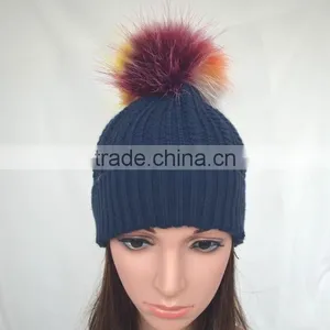 Myfur Navy Color Adults Winter Wool Beanie With Raccoon Fur Pompom Top thumbnail-2