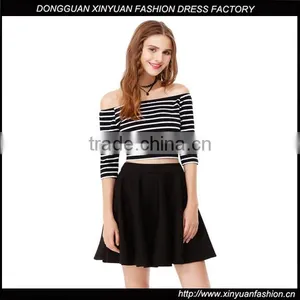 Latest Women Off Shoulder Striped Half Sleeve Short Casual Dress Designs For Ladies thumbnail-1