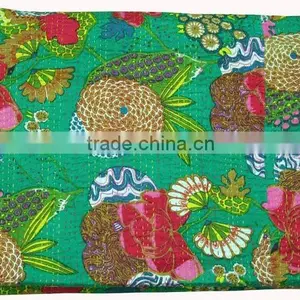 Handmade Tropicana Kantha Quilts Handstiched Kantha Work Bed Cover Throw Floral Kantha Quilt thumbnail-1