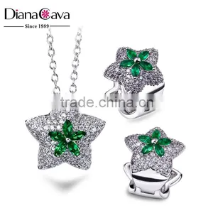 New White Gold Green Color CZ Stones Star Charm Pendant Jewelry Necklace Set thumbnail-2