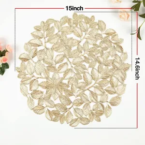 Flower Hollow Metallic Placemats Set of 6 Gold Leaf Round Placemats Non-Slip Wipeable Table Mats for Dinner,Party,Wedding Accent Centerpiece thumbnail-2
