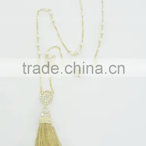 FASHION CHAIN TASSEL PEARL NECKLACE WITH CRYSTAL STONES thumbnail-1