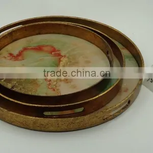 Decorative Golden Painted Round Wooden Mirror Tray thumbnail-1