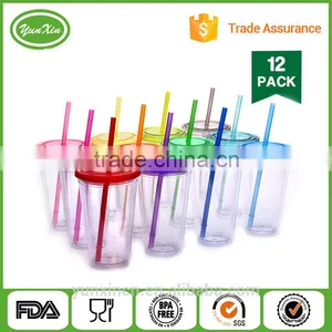 BPA Free Pack of 12 of Assorted Colors 16oz Insulated Plastic Tumbler With Lid&straw thumbnail-1
