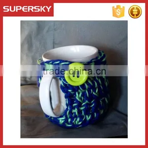 V-65 Blue and Green Crochet Knit Sleeve Warmer Cup Mug Sweater With Greeen Button thumbnail-2