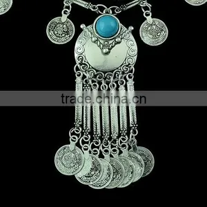2016 New Fashion Gypsy Bohemian Boho Jewelry Antique Silver Tassels Long Carving Coins Necklace For Women thumbnail-2