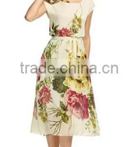 Women's Short Sleeve Crewneck Chiffon Floral Printed Midi Party Dress thumbnail-4