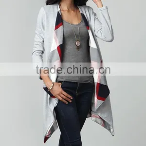 OEM Latest Ladies Women Fashion Long Sleeve Gray French Terry & Plaid Lined Drape Cardigan Sweaters Wholesale thumbnail-3