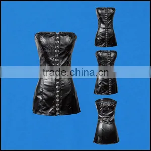 Black Faux Leather Sexy Gothic Corset Dress Front Hasp Strapless Sheath Dresses PVC Club Dress Erotic Women Fashion Dancewear thumbnail-2