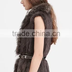 YR644 Women Genuine Rabbit Hand Knit With Raccoon Fur Waistcoat Yanran Fur Factory OEM Order Fur Gilet thumbnail-5