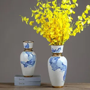 Light Luxury Nordic Applique Electroplate White Blue Large Ceramic Vase For Hallway thumbnail-1