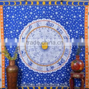 Indian Tapestry Cotton Zodiac Astro Print Blue Wall Hanging Tapestries Throw Mandala Print thumbnail-1