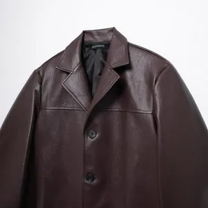 New Women's Vintage Loose Casual Long-sleeved Pocketed Faux Leather Blazer With Collar. thumbnail-1