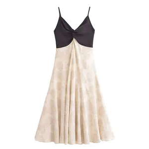 Lazy Vacation Style Retro Patchwork V-neck Camisole Dress for Women's Summer Temperament, Slimming A-line Long Skirt thumbnail-1
