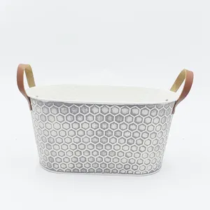 Farmhouse Oval Metal Planter Basket, Honeycomb Embossed Iron Flower Pot With Handles for Home Dried Floral Decor thumbnail-2