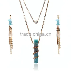 Fashion Turkish Gold Jewelry Set Cuboid Natural Stone Pendant Necklace thumbnail-1